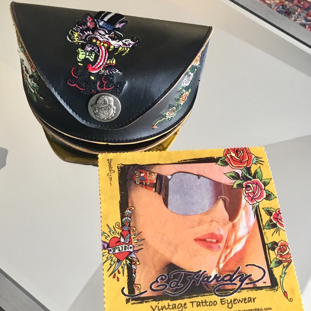 Ed Hardy Black Leather Eyeglass Case